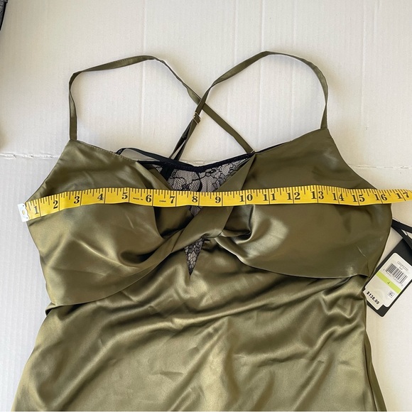 Guess Women’s Olive Satin Slip Dress Cross Back Straps Lace Trim Detail Cocktail - Picture 12 of 16